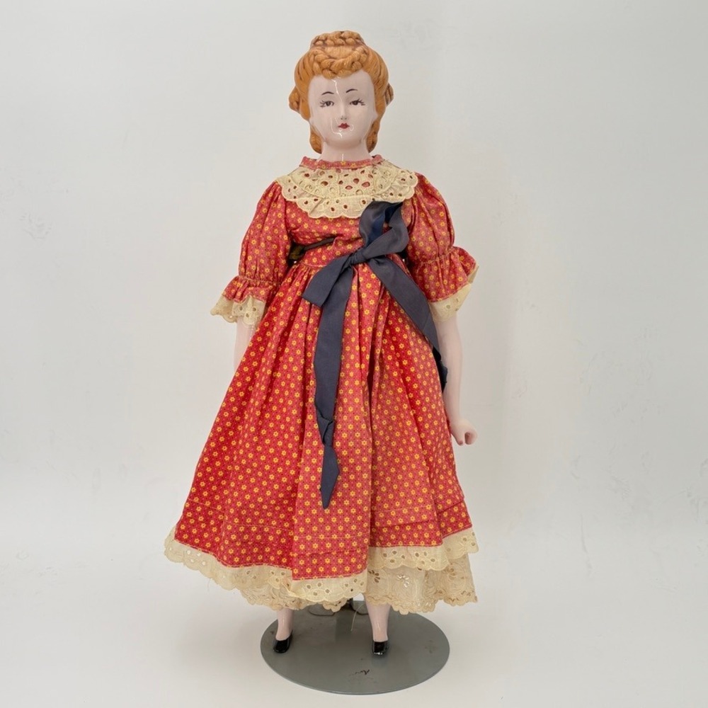 VTG 1959 Doll 19" Porcelain China Cloth Body Red Calico Dress Stand Victorian